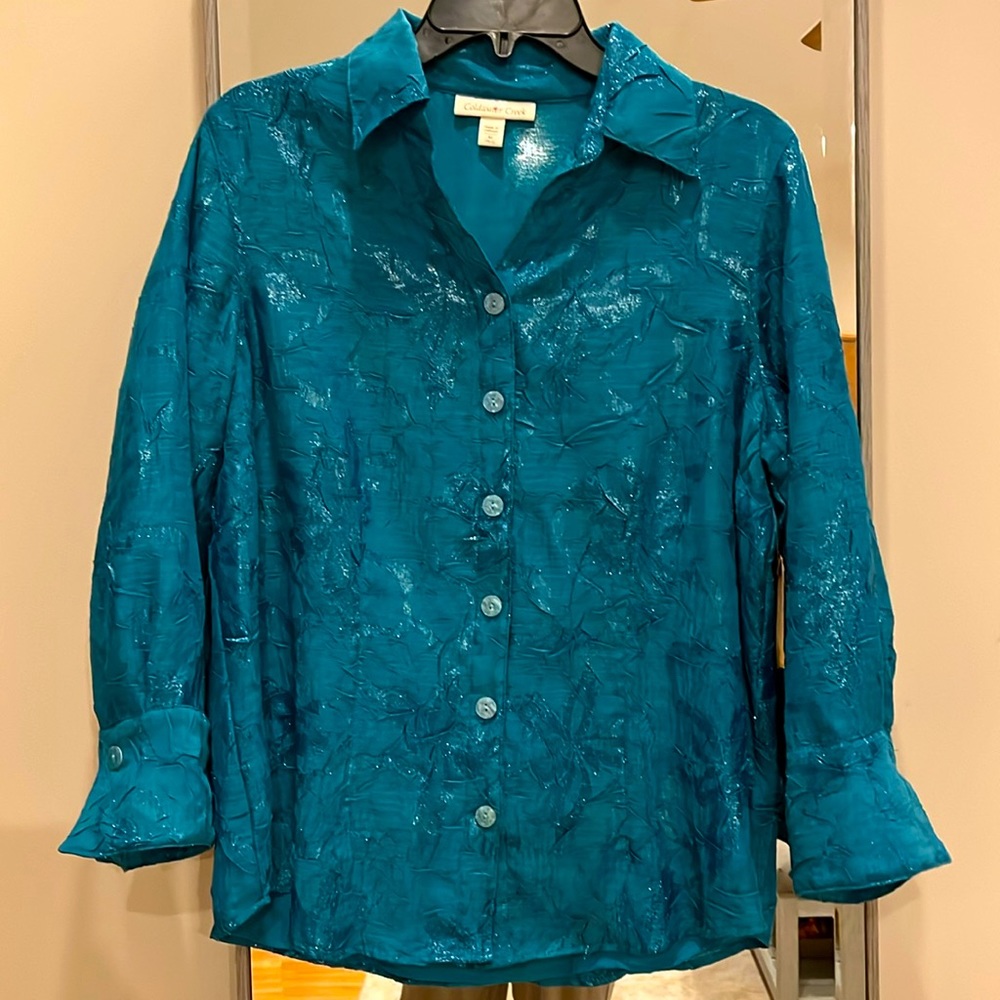 NWT Coldwater Creek textured teal color lined blouse- size Medium. - Picture 1 of 6
